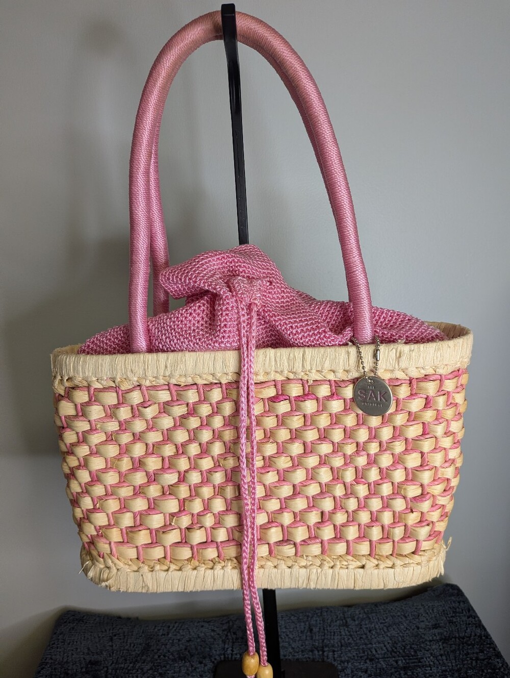 Vintage The Sak Woven Straw Basket Tote Pink Crochet Drawstring